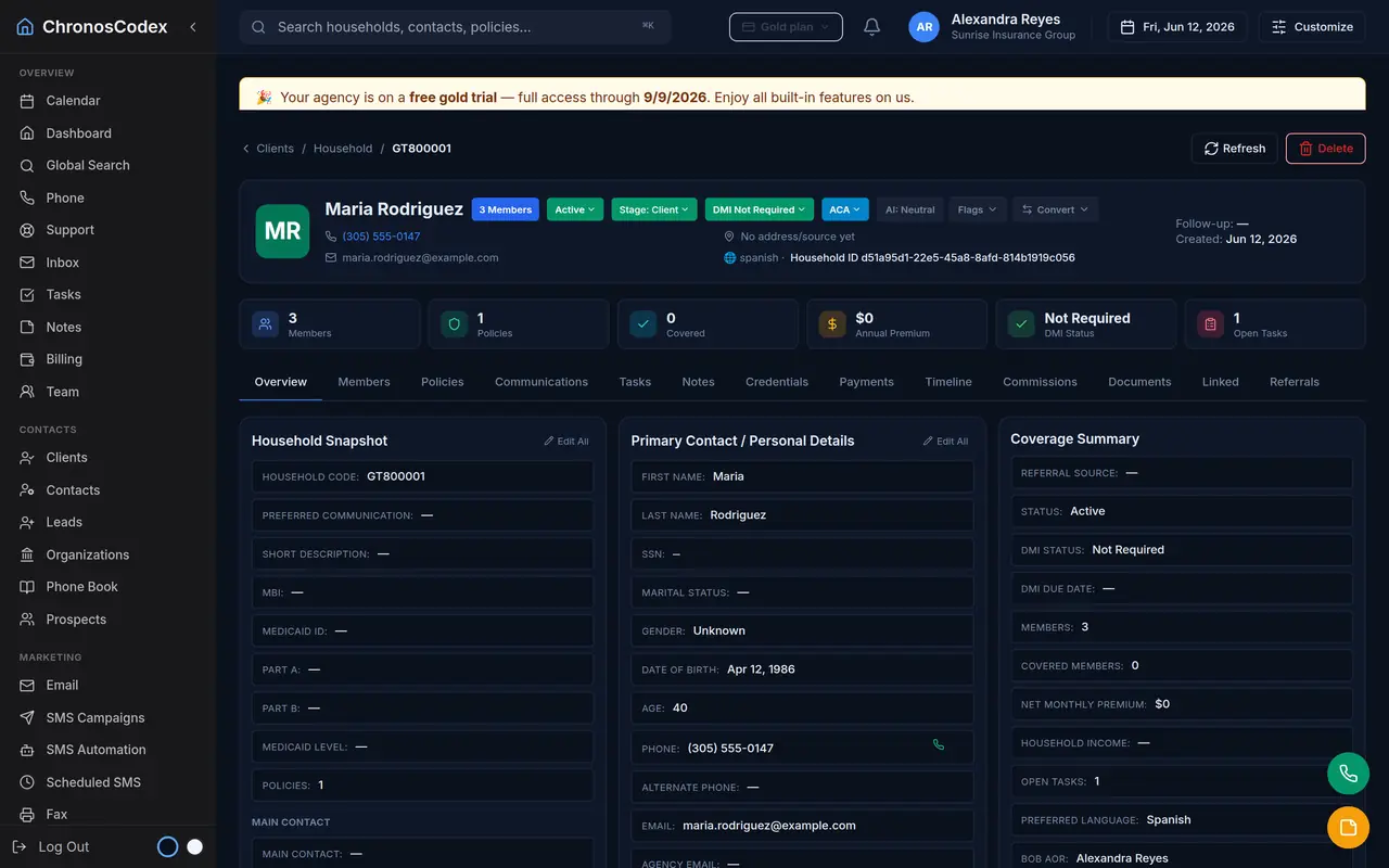 A household profile in ChronosCodex showing members, policies and coverage summary