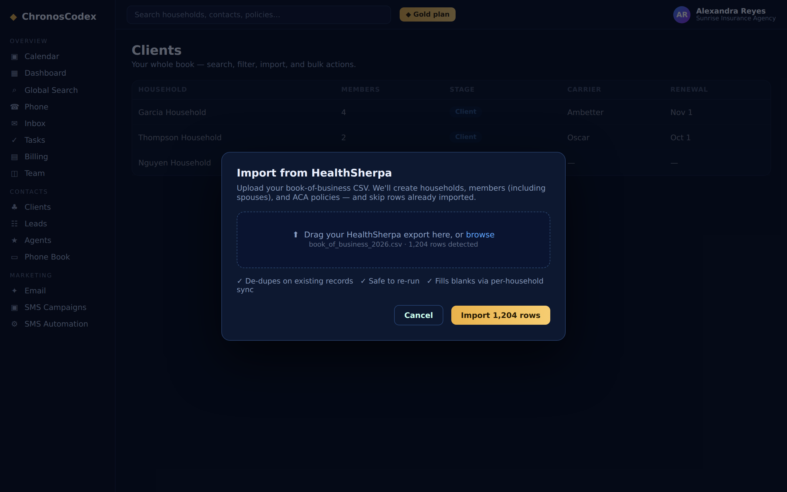 The Import from HealthSherpa dialog